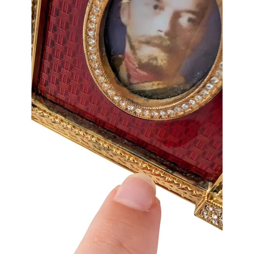 Faberge Red Guilloche Catherine Palace Signed Miniature Picture Frame Gold Plate